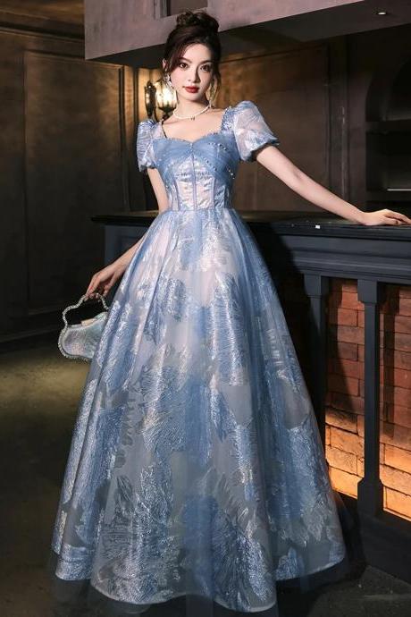 Beautiful A-line Blue Tulle Long Party Dresses With Beading