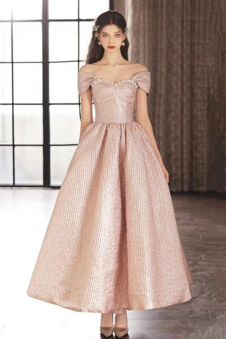 Cute Off The Shoulder Pink Satin Tea Length Prom Dress