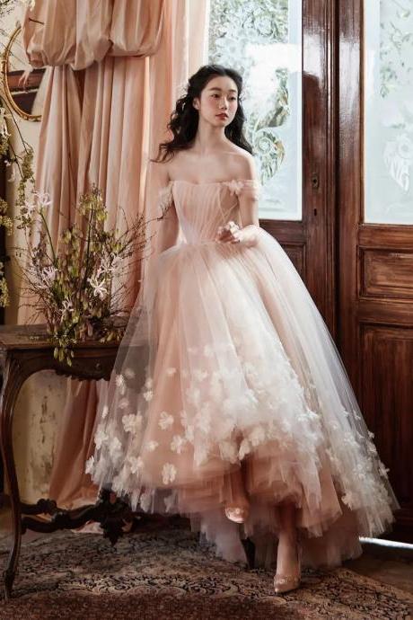 Off The Shoulder High Low Tulle Pink A-line Evening Dress With Flowers
