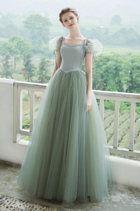 Charming Green Tulle Short Sleeve Prom Graduation Dresses