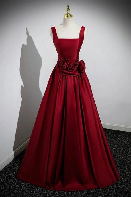 Elegant A-line Burgundy Satin Long Prom Dress With Flowers