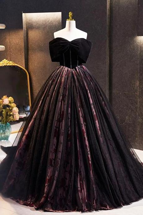 Elegant Off The Shoulder Black Velvet Tulle Long Prom Dress With Rose Print Pattern