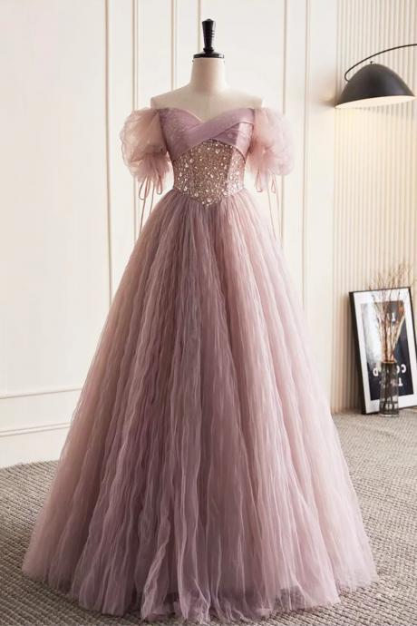 A Line Pink Tulle Sequins Floor Length Prom Dresses