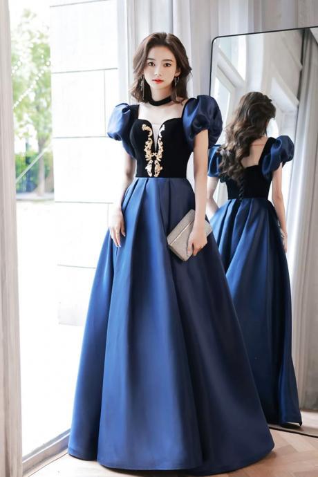 Elegant Blue Velvet And Satin Floor Length Short Sleeve Prom Dresses