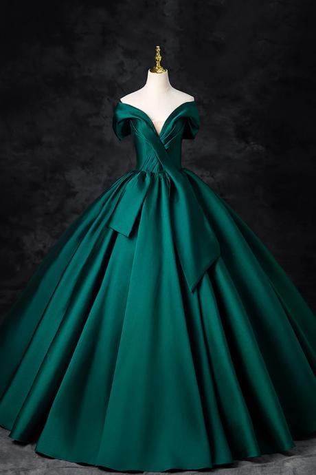 Elegant Dark Green Satin Floor Length A-line Evening Party Dresses