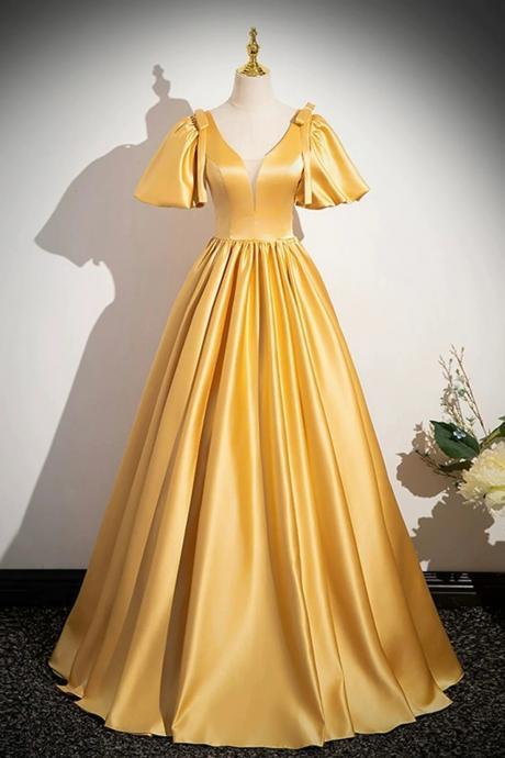Floor Length Yellow V-neck Satin Long Prom Dresses