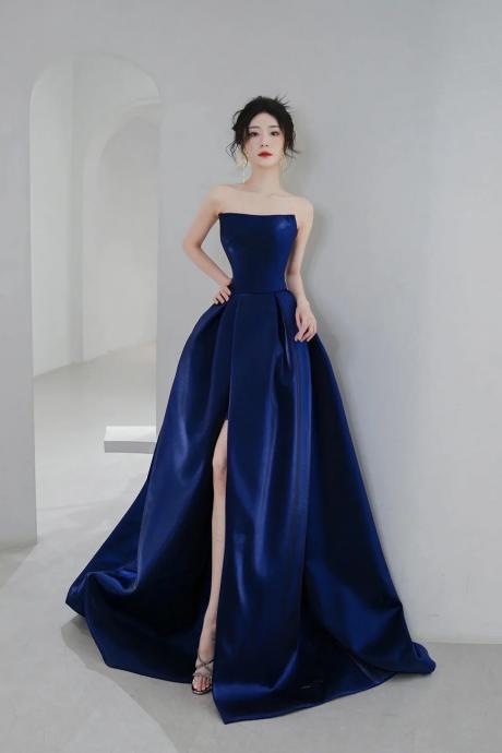 Strapless Blue Satin Long A-line Prom Dresses