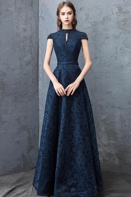 Beautiful A Line Navy Blue Lace Evening Dresses