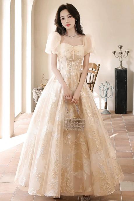 Champagne Tulle Long Prom Dresses With Short Sleeves