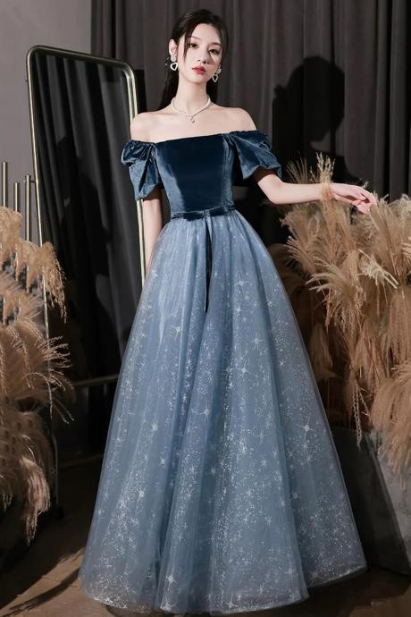 Beautiful Short Sleeve Blue Velvet Tulle Long Prom Evening Dresses