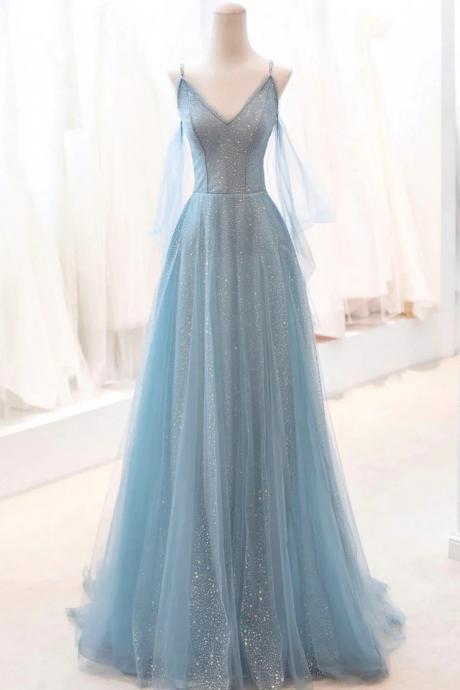 A-line Spaghetti Strap Dusty Blue Sparkly Tulle Long Prom Dresses