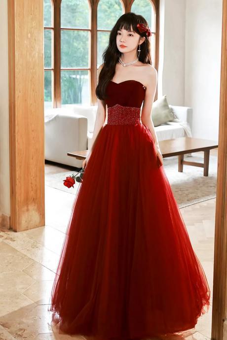 Strapless Burgundy Tulle Long Prom Dress With Beaded