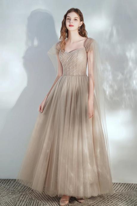 Beautiful Champagne V-neck Tulle Long Prom Dress With Beaded