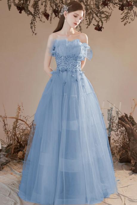 A-line Strapless Blue Tulle Long Formal Dress With Beaded
