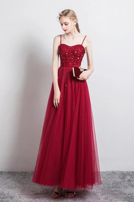 Spaghetti Strap Burgundy Tulle Formal Evening Dress With Beaded