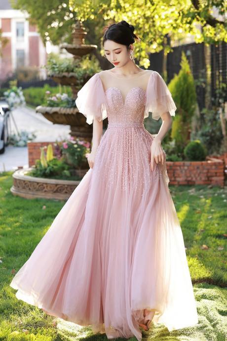 Sexy Pink Tulle Beaded Long Prom Dress, Party Dress