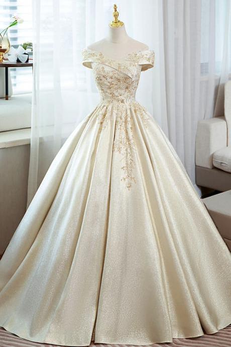 Off Shoulder Champagne Satin Long Prom Dress With Beaded