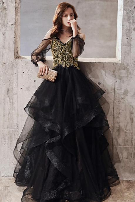 Spaghetti Strap Black Tulle Long Prom Dress With Yellow Lace