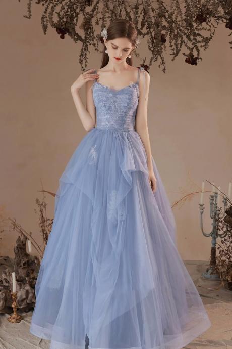 Spaghetti Straps A Line Lace Long Tulle Formal Dress
