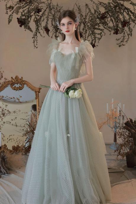 Off The Shoulder Light Green Tulle Long A-line Prom Dresses