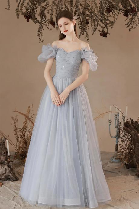 Off The Shoulder Gray Tulle Long A-line Prom Dresses