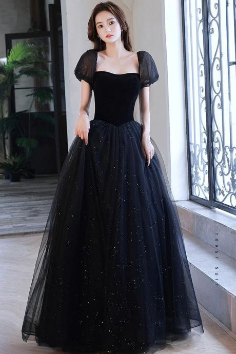 Shiny Tulle Long Short Sleeve Evening Dress With Black Velvet