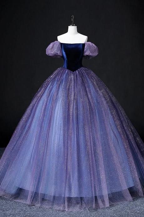 A-line Purple Tulle Long Prom Dress With Velvet