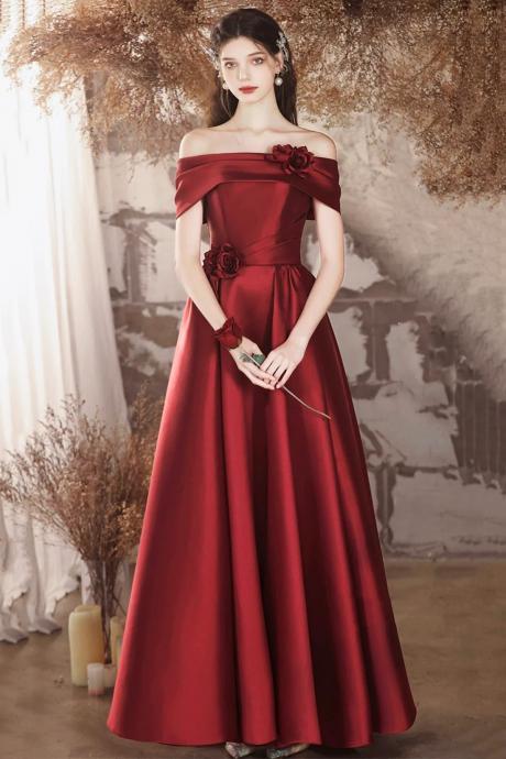 Beautiful Off The Shoulder Burgundy Satin A-line Evening Dress