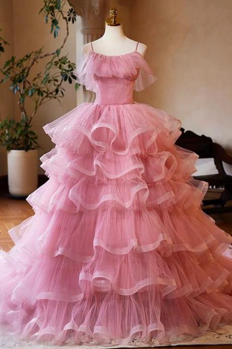 Spaghetti Strap Pink Tulle Layers Long A-line Prom Dresses