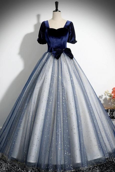 A-line Short Sleeve Blue Velvet Tulle Long Prom Dresses