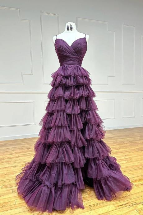 A-line Purple Spaghetti Strap Evening Party Dresses