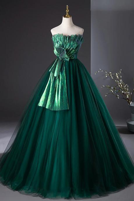 Strapless Dark Green Tulle Long Prom Dresses