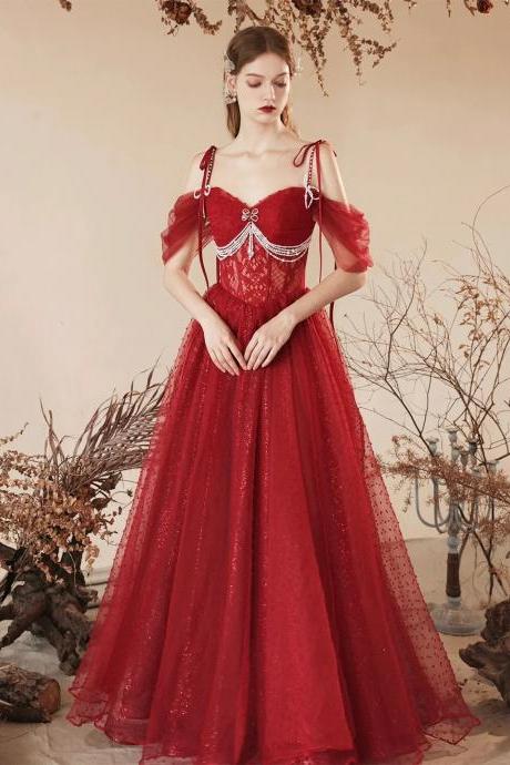 Beautiful Off The Shoulder Dark Red Tulle Prom Dress With Beading
