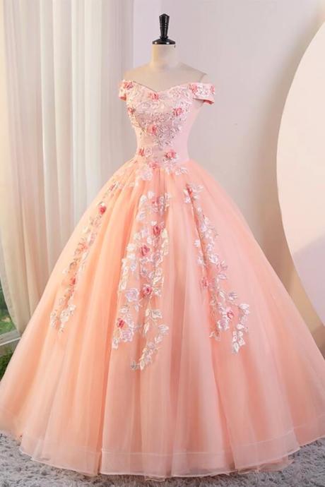 Off Shoulder Pink Tulle Lace And Flowers Ball Gown Prom Dresses