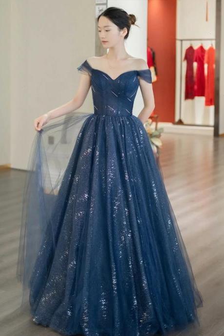 Off The Shoulder A-line Shiny Tulle Blue Floor Length Prom Dresses
