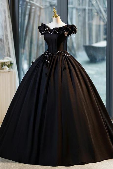 A-line Off The Shoulder Floor Length Black Prom Dress With Pearl