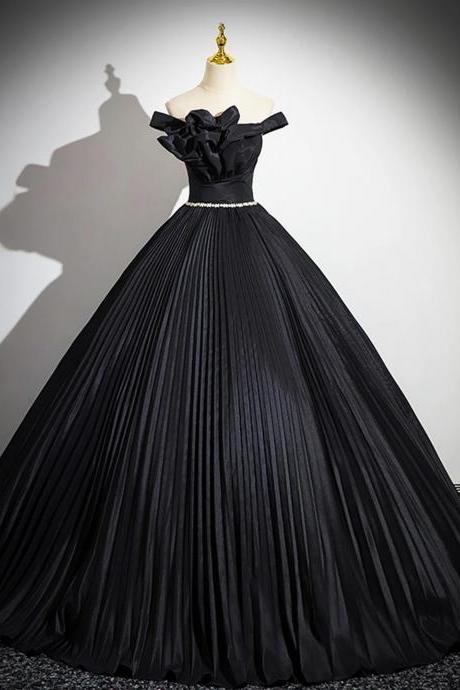 Elegant Off The Shoulder Black Pleated Long A-line Party Gown With Rhinestone Sash