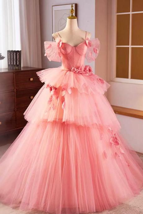 Spaghetti Strap Pink Tulle Long Mermaid Prom Dresses