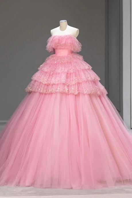 Princess Strapless Pink Tulle Sequins Long Formal Prom Dresses