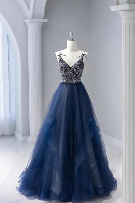 A-line Spaghetti Strap Formal Blue Tulle Beaded Long Evening Dress