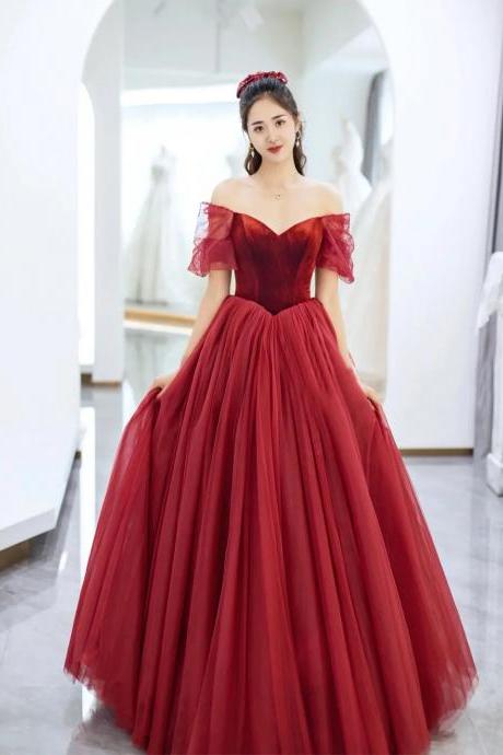Beautiful Off The Shoulder Tulle Floor Length Velvet Prom Dress
