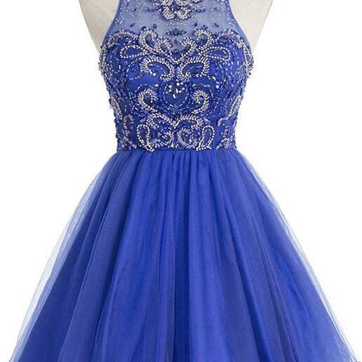 Royal Blue Homecoming Dress,Cheap Homecoming Dress, Short A-Line Tulle Homecoming Dress, Featuring Halter Neck Homecoming Dress, Open Back Beaded Embellished Bodice Prom Dress
