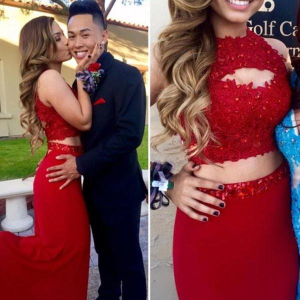 Appliques Red Prom Dress,Lace Prom Dress,Two Piece Prom Dress,Cheap Prom Dress,Formal Evening Dress,Sexy Evening Dress,Sexy Prom Dress