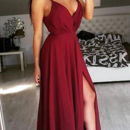 Sexy Slit Evening Gowns,burgundy Prom Dress,simple Long Chiffon V-neck ...