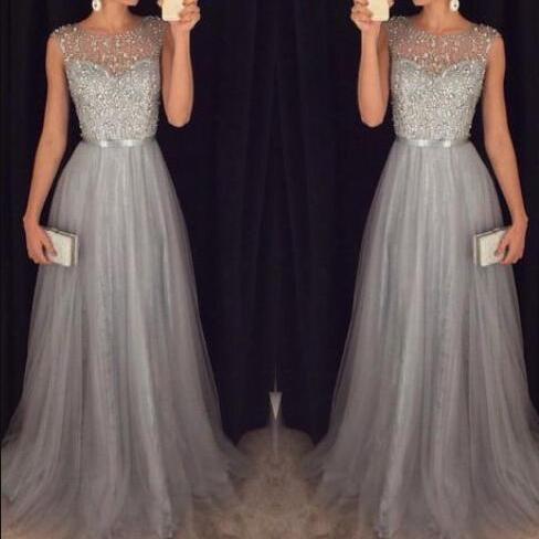 Beading Tulle Prom Dresses,grey Prom Dress,sexy Round Neckline Evening ...