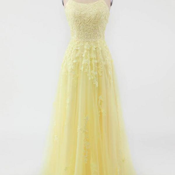 Beautiful Yellow Tulle Prom Dress With Appliques