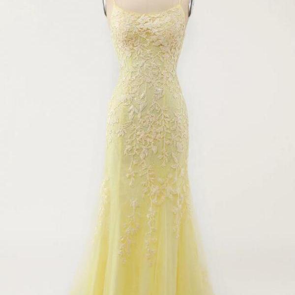 Mermaid Straps Yellow Long Lace Prom Dresses