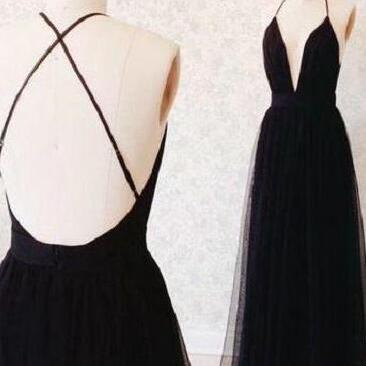 A Line Black Tulle Prom Dress