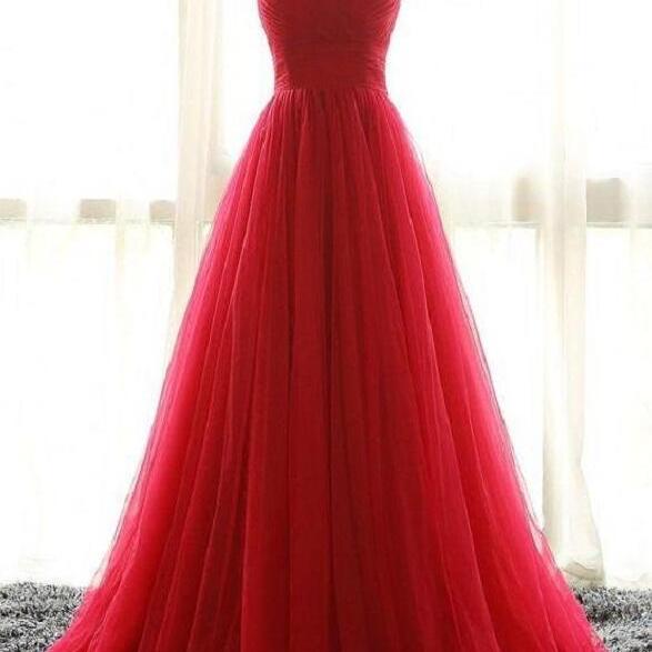 Off The Shoulder A Line Red Prom Dress Long Tulle Prom Dress