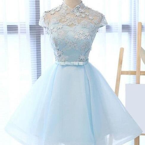 Light Sky Blue Asymmetrical Short Tulle Homecoming Dress Party Dress, SH264